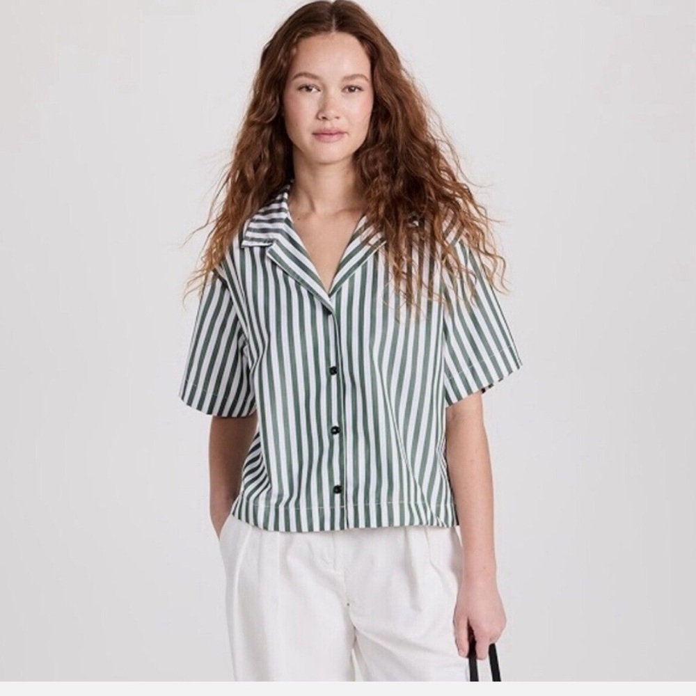 Rag & Bone REED Cotton Poplin Green Stripe Button Down Shirt Blouse Sz Large